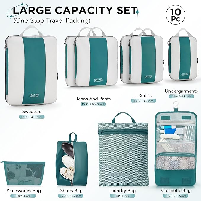 10 Set Compression Packing Cubes for Travel Essentials,Compressible Expandable Packing Cubes for Suitcase,OlarHike Luggage Garment Bags for Travel,Handy Helper for Organizing Clothes(Dark Blue Green)