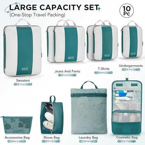 10 Set Compression Packing Cubes for Travel Essentials,Compressible Expandable Packing Cubes for Suitcase,OlarHike Luggage Garment Bags for Travel,Handy Helper for Organizing Clothes(Dark Blue Green)