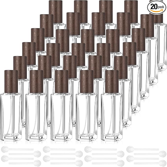 Domensi 20 Pcs 10/15/20/30 ml Perfume Travel Refillable Glass Bottles Spray Bottle Perfume Atomizer for Cologne Dispenser Leak-proof Fragrance Bottles Atomizer Pump Kit (20 ml,Dark Wood Color)