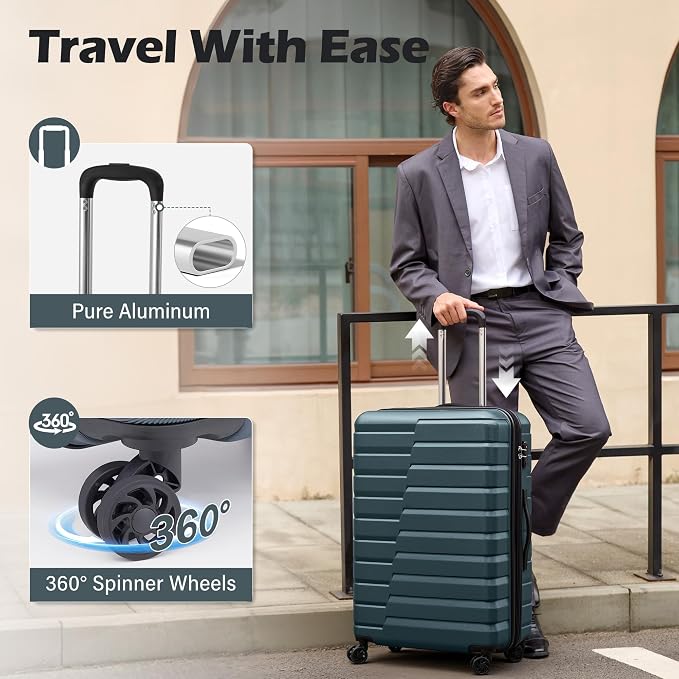 Coolife Expandable Large Checked Luggage with Spinner Wheels, Hard Shell Suitcase TSA Lock Rolling Travel Luggage 28-inch,Teal Blue