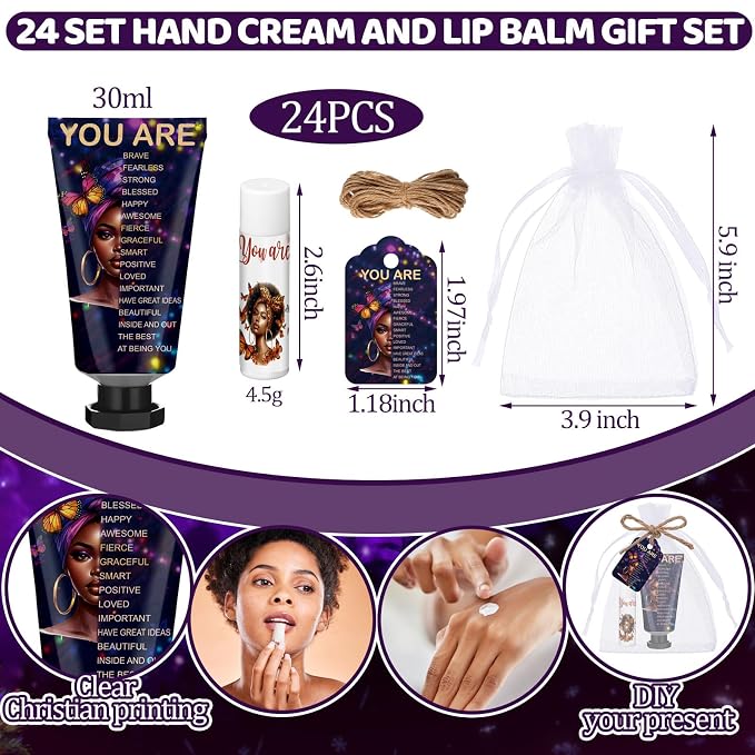 24 Sets Christian Graduation Gifts Hand Cream and Lip Balm Bulk Teacher Appreciation Gifts Bible Verse Thank You Cards with Organza Bag for Graduation Supplies(African American)