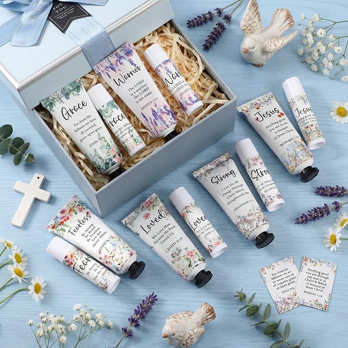 Loopeer 6 Sets Bulk Christian Hand Cream and Lip Balm Set for Women Religious Travel Size Moisturizing Lip Care Mini Religious Gifts for Women Coworker Appreciation Gift