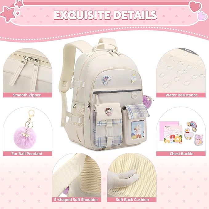 Backpack for Girls 15.6 Inch Laptop School Bag Kids Elementary College 3pcs Backpacks Lunch box Pencil Case Set Bookbags for Girls Teen Women Student Beige
