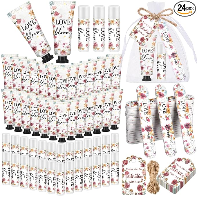 Leelosp 24 Sets Love Is in Blooming Hand Cream and Lip Balm Gift Bulk Pink Floral Wildflower Bridal Shower Favor for Guests Travel Size Hand Lotion Lip Balm Nail File Gifts Set Wedding Party Supplies