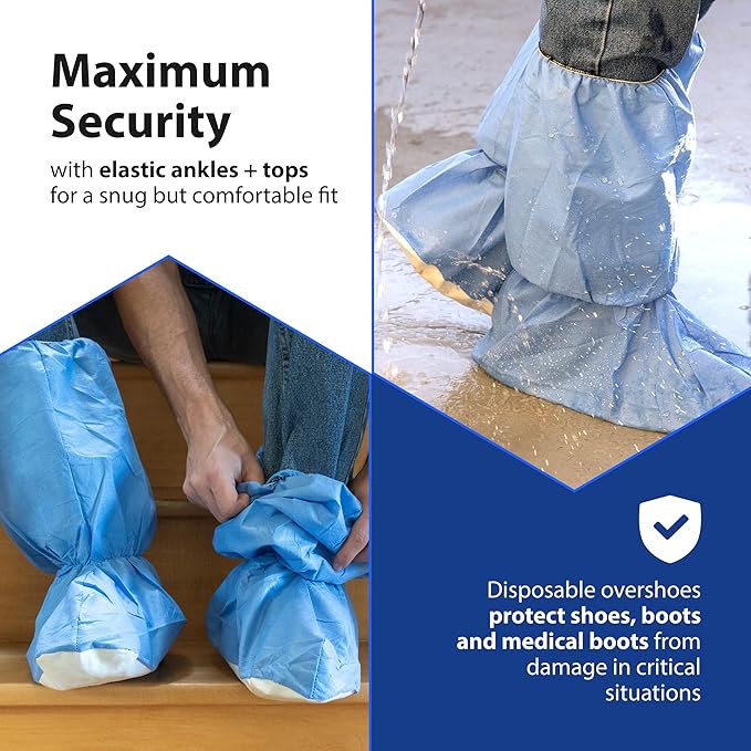Quest Traction Disposable Boot & Shoe Covers 18" Tall – Non-Slip, Water-Resistant Protective Overshoes, Blue, Small, 3 Pairs for Cleanroom, Medical & Industrial Use