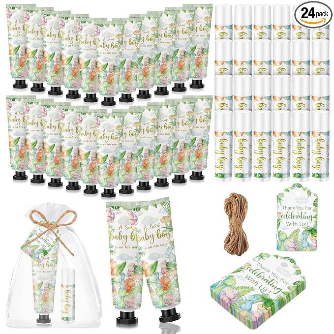 Lounsweer 24 Sets Dinosaur Baby Shower Favors for Guests Sweet Baby Boy Dino Party Favor Set with Hand Cream and Lip Balm Travel Size Lotion Gift with Thank You Cards