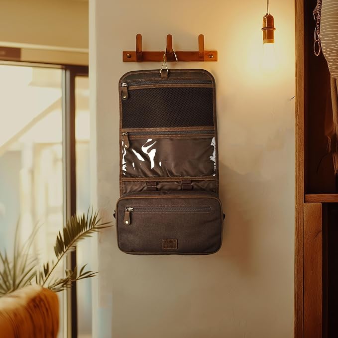 LEATHER VILLAGE Hanging Genuine Leather Toiletry Bag for Men & Women with Waterproof Lining – Handcrafted Vintage Travel Dopp Kit, Shaving Organizer & Shower Bathroom Essentials Case - Brown