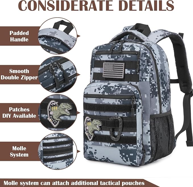 Kids Tactical Backpack Army Molle Bookbag Military Boys Backpack for School, Outdoor, Camping, Black Digital CM