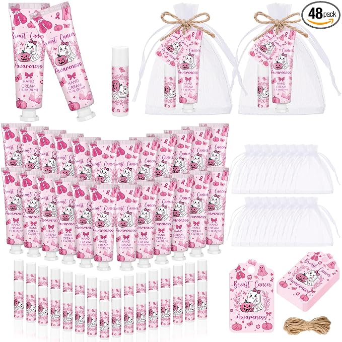 48 Sets Halloween Breast Cancer Hand Cream and Lip Balm Ghost Breast Cancer Awareness Gift for Women Travel Size Hand Lotion Pink Ribbon Survivor Charity Event Campaign Supplies
