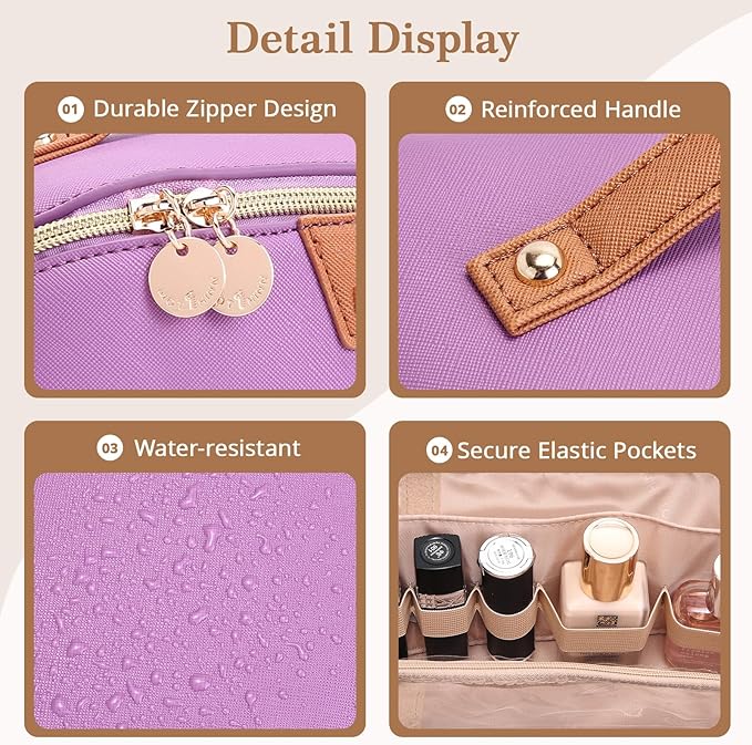 Travel Makeup Bag for Women: 3-in-1 Large Capacity Cosmetics Organizer with 2 Detachable Pouch - Vegan Leather Flat Open Toiletry Bag - Travel Essentials for Full-Sized Bottles(01-Purple)