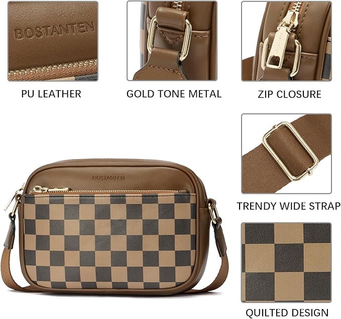 BOSTANTEN Quilted Crossbody Bags for Women Vegan Leather Purses Shoulder Handbags with Wide Strap