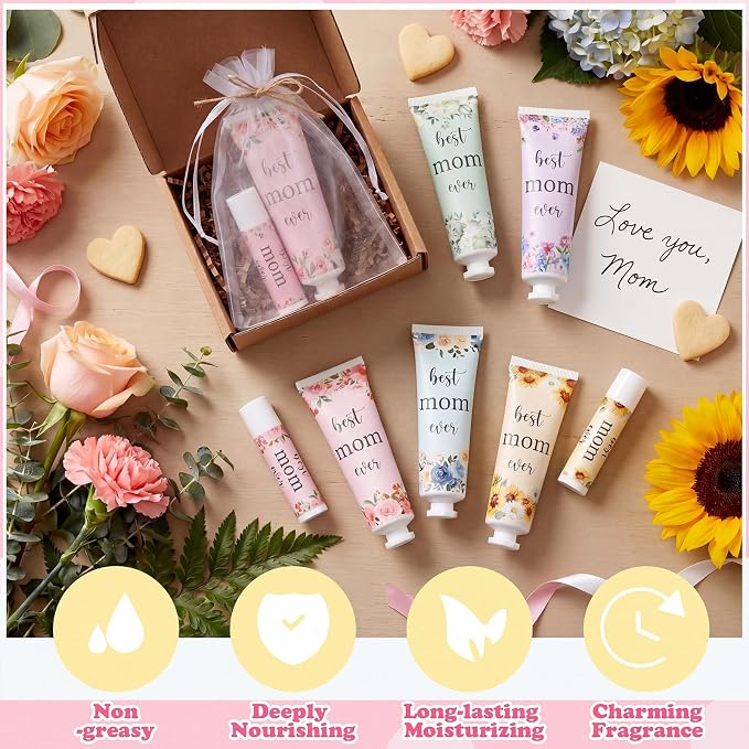 12 Sets Best Mom Ever Church Gifts Bulk for Women Birthday Gifts for Mom Hand Cream and Lip Balm Set with Organza Bag Thank You Card Mother Gift Bag Stuffers