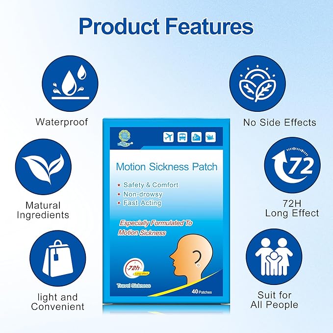KONGDY 40 Counts Motion Sickness Patches, Sea Sickness for Cruise, Dizziness, Car Trips, Non Drowsy