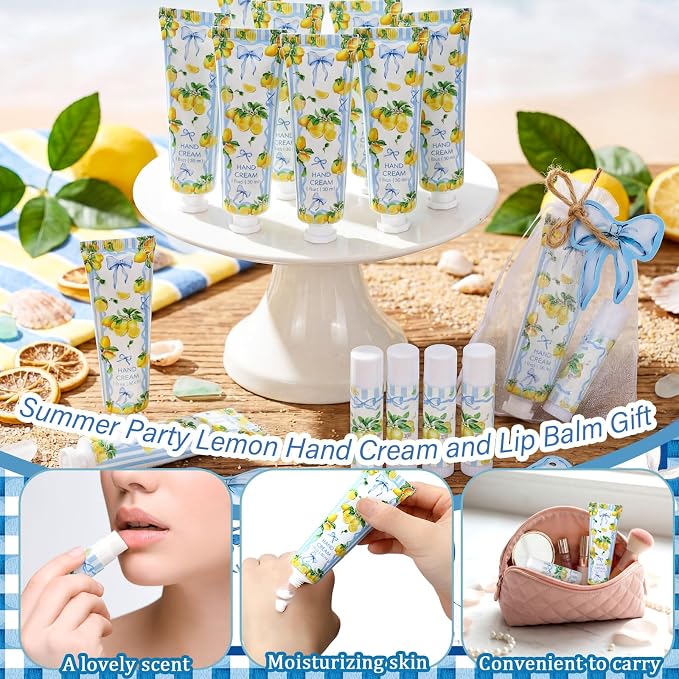 24 Sets Lemon Bow Hand Cream and Lip Balm Amalfi Coast Gifts Lemon Bridal Shower Party Favors Blue Bow Baby Shower Favor for Guest Travel Size Hand Lotion and Lip Balm Bulk Birthday Party Supplies
