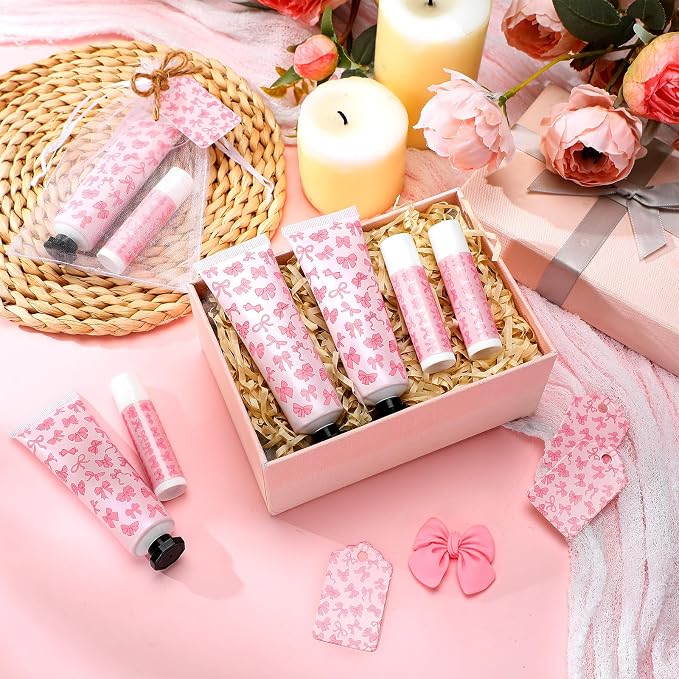 48 Sets Pink Bow Baby Shower Favors Bulk Coquette Baby Shower Gifts for Guests Include 48 Hand Cream and 48 Lip Balm Pink Bow Gender Reveal Decorations for Guests Friends