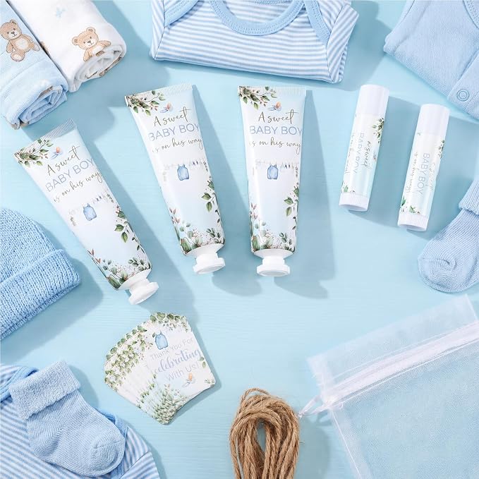 Lounsweer 24 Sets Boy Baby Shower Party Favors for Guests Greenery "a Sweet Baby Boy Is on His Way" Theme Cute Clothes Design Travel Size Hand Cream and Lip Balm Gifts Sprinkle Favors
