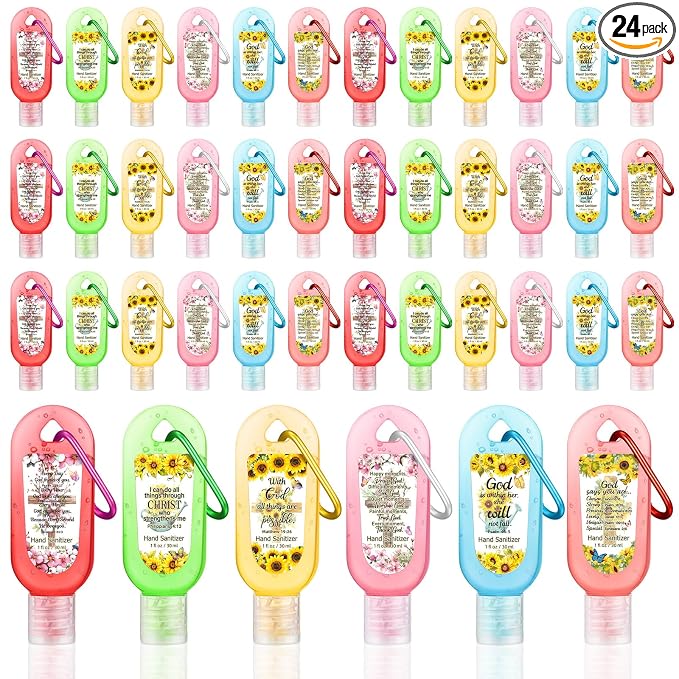 24 Pack Christian Hand Sanitizer Keychain Bible Verse Mini Hand Sanitizer Keychain Bulk Travel Size Christian Gift for Women Religious Gifts for Teacher Coworker Wedding Christmas Thanksgiving Church