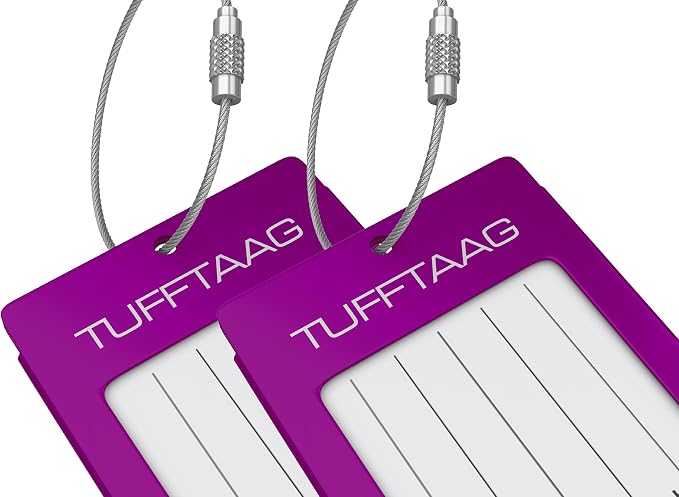 Luggage Tags Business Card Holder by TUFFTAAG - Durable Travel ID Bag Tag, Deep Purple, 2 Tags