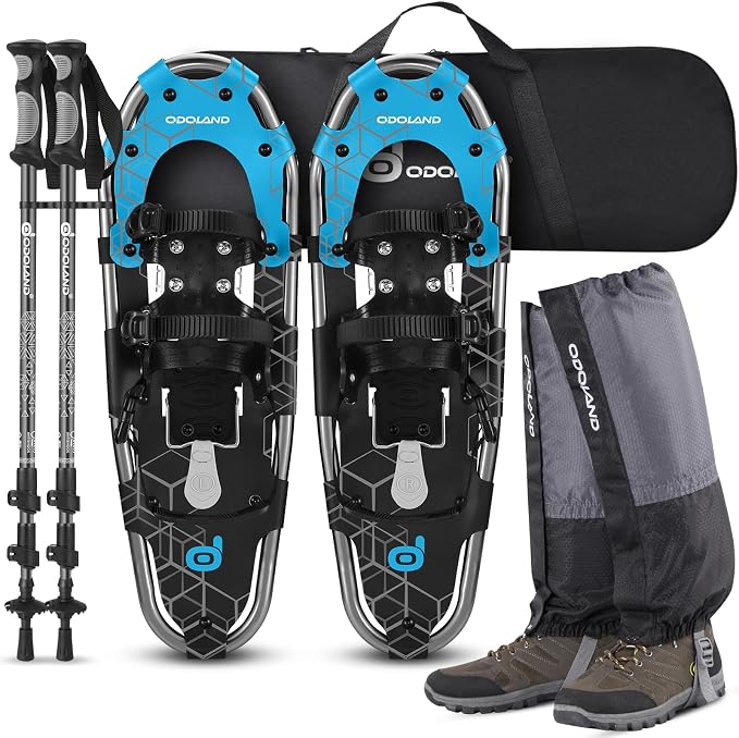 Odoland 21/25/30 Inch Snowshoes with Trekking Poles for Men Women Youth, Waterproof Snow Leg Gaiters and Carrying Bag, Lightweight Aluminum, Heel Lift, Snow Shoes Easy to Wear