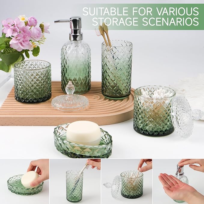 5Pcs Glass Bathroom Accessories Set,Green Vintage Bathroom Accessory Set, Bathroom Counter Sink Toothbrush Holder Set Includes 13.5oz Hand/Lotion Soap Dispenser & Tumbler & Soap Dish & Qtip Holders