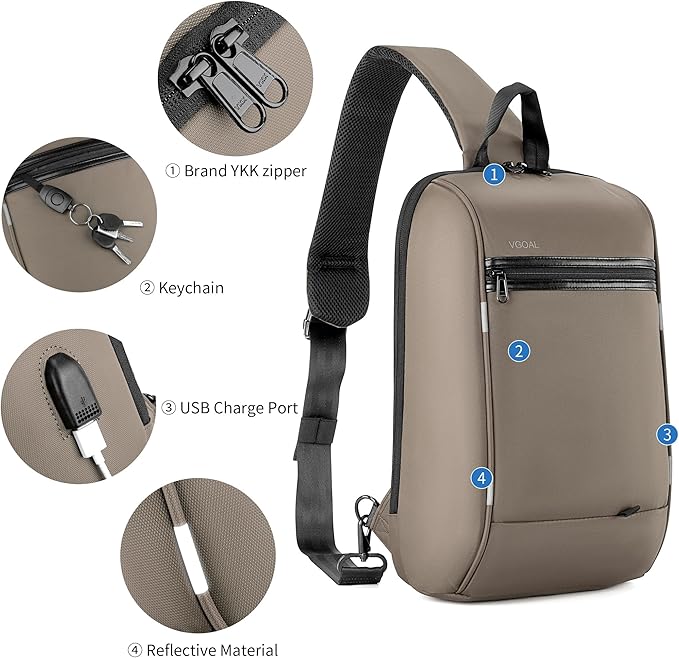 Kingsons 13" Anti-Theft Laptop Sling Backpack. Waterproof nylon, USB port. Ideal for travel, hiking, camping. (FG6301-Khaki)