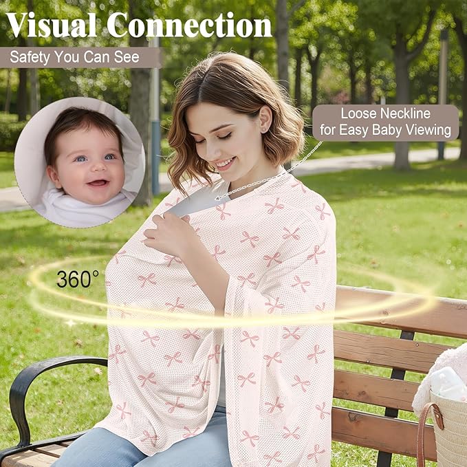 Basumee Nursing Cover for Breastfeeding Breathable Mesh 360 Full Privacy Nursing Wrap Multi-Use Breast Feeding Covers for Women Moms Feeding Essentials, Dusty Pink Bows, 1 Pack