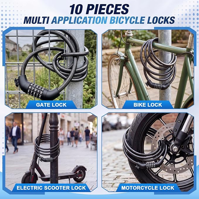 10 Pcs Bike Lock Cable with Combination, 4 Feet 1/2 Inch Coiled Preset Bike Lock High Security 5 Digit Bicycle Locks Anti Theft Bikes Accessories Black Bicycle Cable Locks, 5/6 Inch Diameter