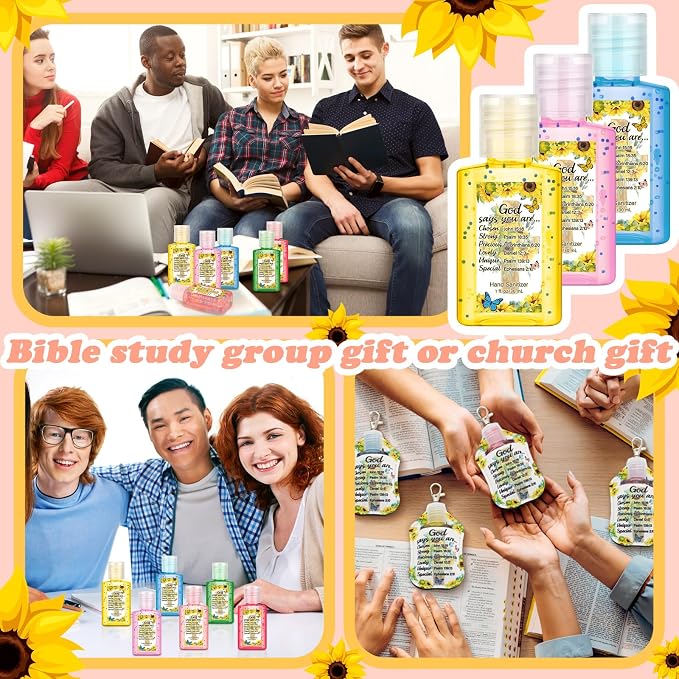 Frienda 24 Pcs Christian Scented Hand Sanitizer with 24 Keychain Holders Gift Set for Women, 1oz Bible Verse Religious Gifts, Mother's Day Appreciation Gifts for Church Favors