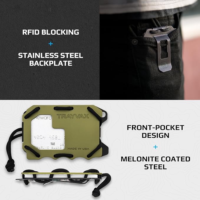 Trayvax Original 2.0 Wallet, RFID Front Pocket Tactical Metal Credit Card Holder with Money Clip, Slim Minimalist Wallet for Men and Women, OD Green