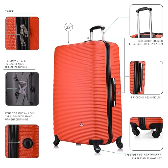 InUSA ROYAL Hardside Spinner Luggage with Ergonomic Handles | Spacious Travel Suitcase with Four Spinner Wheels and Studs | 32 Inch Extra Large Spinner Luggage | Orange