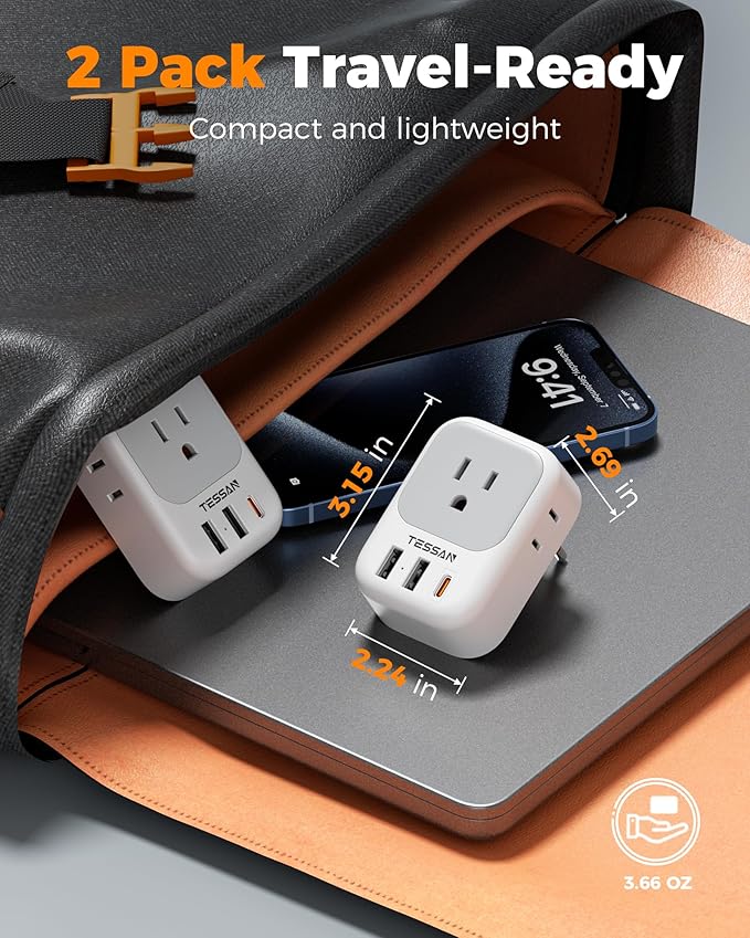TESSAN Italy Travel Plug Adapter 2 Pack, Italy Power Adaptor with 4 Outlets 3 USB Charger(1 USB C PD 20W), Type L Adapter for US to Chile Libya Syria Tunisia Uruguay