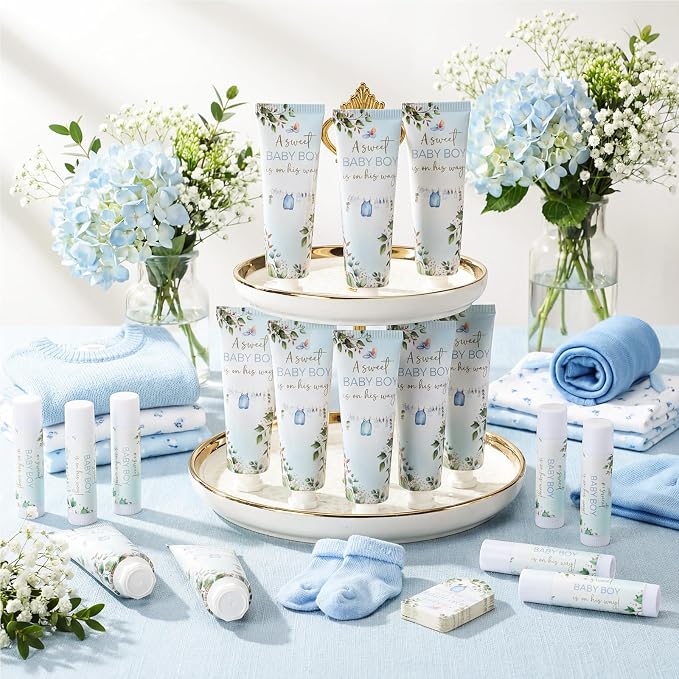 Lounsweer 24 Sets Boy Baby Shower Party Favors for Guests Greenery "a Sweet Baby Boy Is on His Way" Theme Cute Clothes Design Travel Size Hand Cream and Lip Balm Gifts Sprinkle Favors
