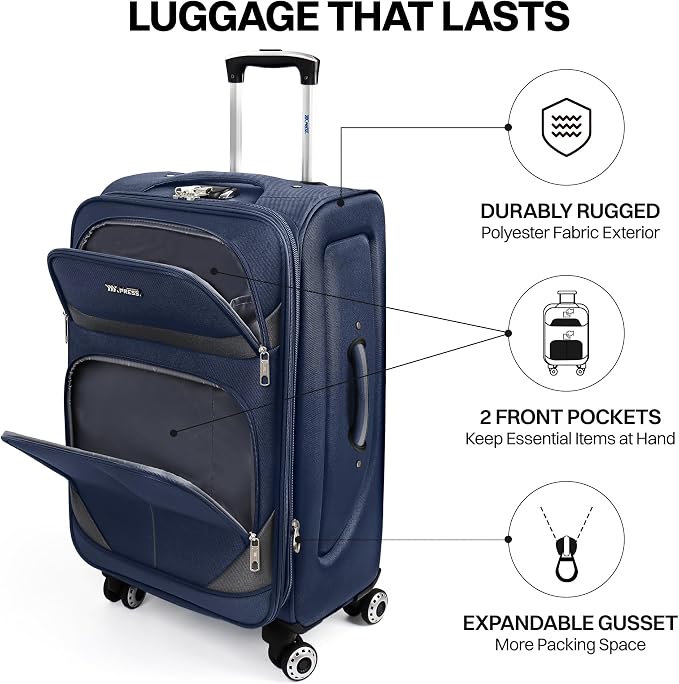 2-Piece Set Front Opening,Softside Luggage Sets w/Double Spinner Wheels Expandable Luggage,Lightweight Travel Luggage Rolling Suitcase w/LOCK（Navy-Grey,20in/28in）