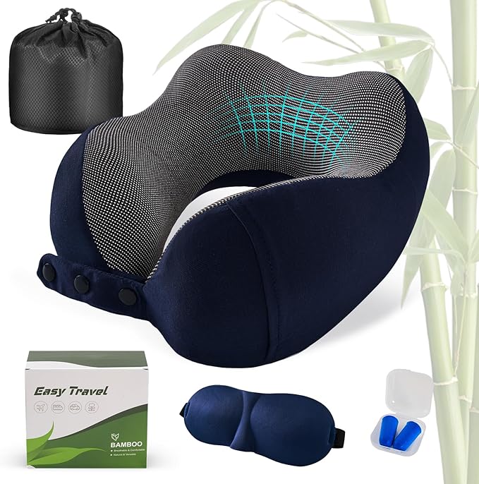 Cirorld Neck Pillow for Traveling, Travel Pillows for Airplanes,100% Pure Memory Foam Travel Neck Pillow, Adjustable Flight Pillow, Portable Plane Accessories with Eye Mask, Earplugs, Carry Bag