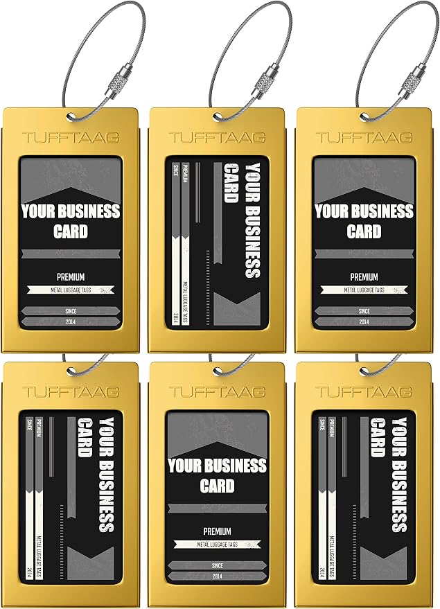 Luggage Tags Business Card Holder by TUFFTAAG - Durable Travel ID Bag Tag, Gold, 6 Tags