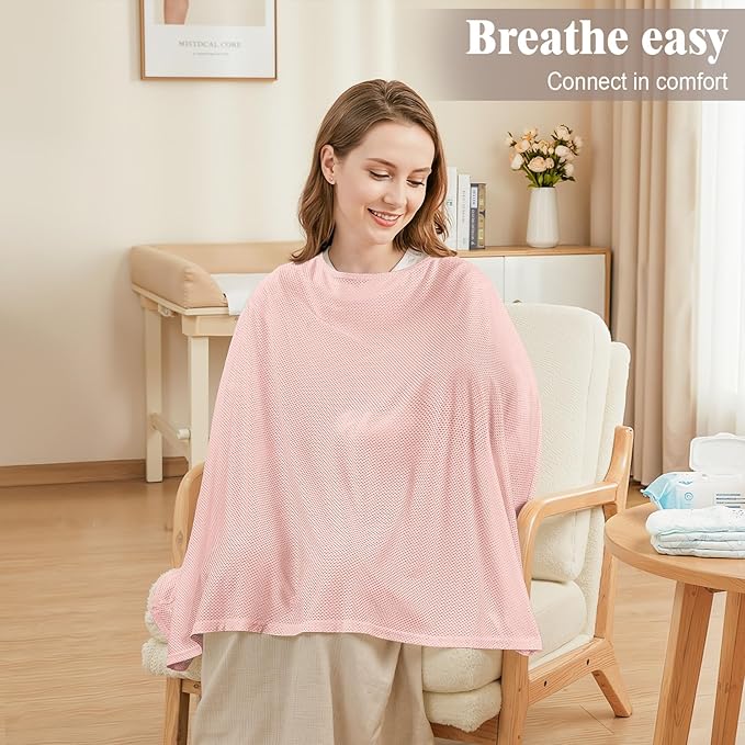 Basumee Nursing Cover for Breastfeeding Breathable Mesh 360 Full Privacy Nursing Wrap Multi-Use Breast Feeding Covers for Women Moms Feeding Essentials, Soft Pink, 1 Pack
