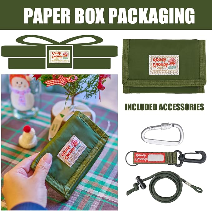 Rough Enough Kids Wallet for Boys Teens with Neck Lanyard Keychain Zipper Coin Pocket Card Holder Army Green Soft Nylon