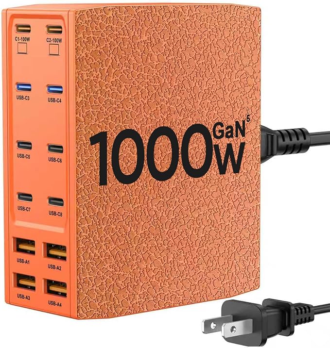 USB Charging Station (1000W),12-Port USB C Charger Block with Dual 100W PD USB-C Fast Charging Station Hub for MacBook Pro/Air/All iPad Phone 17/16 15/14/13/Pro Max/Samsung Galaxy Note(Orange)