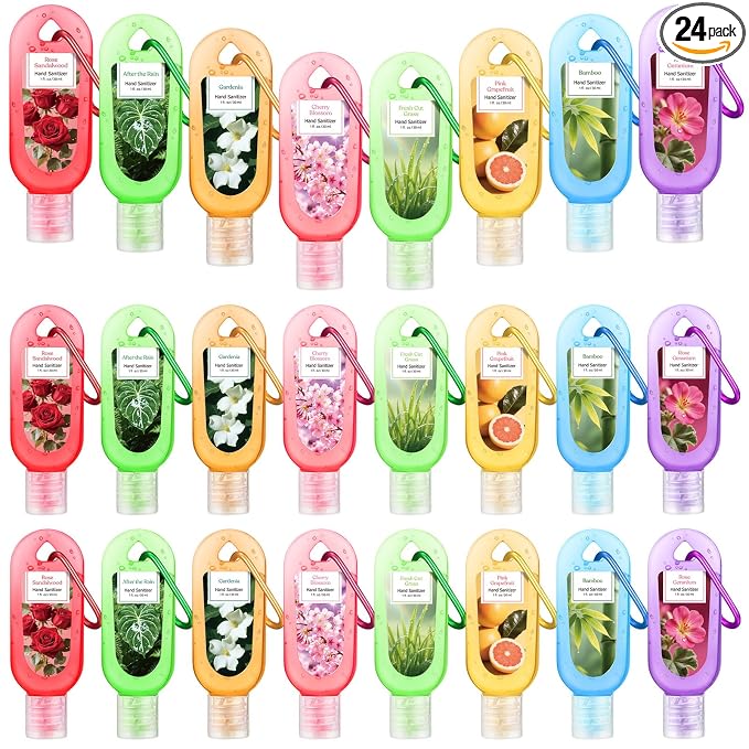 24 Pack Scented Hand Sanitizers Keychain Gift Mini Hand Sanitizer Gel Bulk 1 oz Travel Size Keychain Gift Set Summer Party Favors Thank You Gifts for Nurse Teacher Staff Back to School