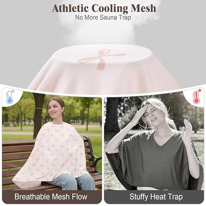 Basumee Nursing Cover for Breastfeeding Breathable Mesh 360 Full Privacy Nursing Wrap Multi-Use Breast Feeding Covers for Women Moms Feeding Essentials, Dusty Pink Bows, 1 Pack