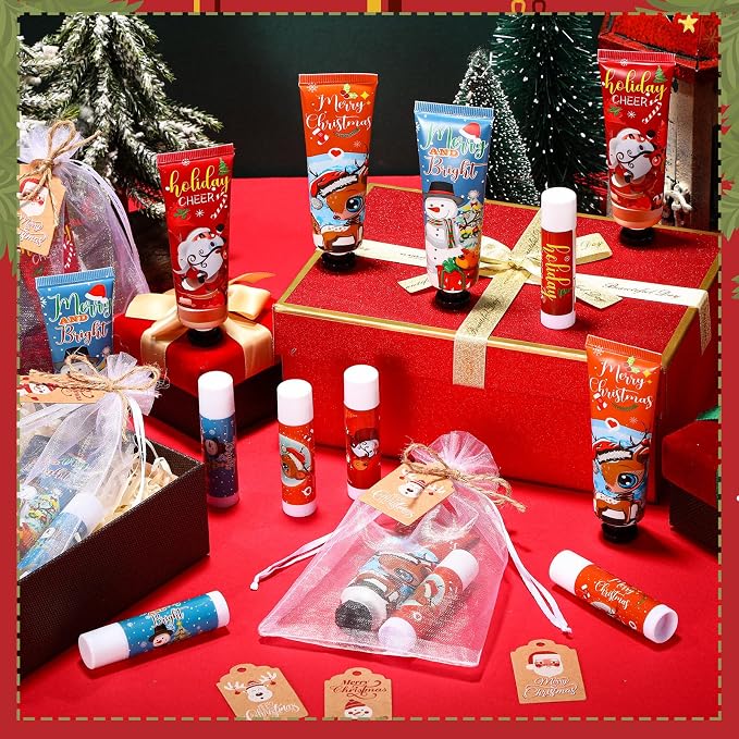 50 Sets Christmas Hand Cream and Lip Balm Gift Set Bulk Christmas Stocking Stuffers Holiday Gifts Xmas Party Favors for Women Coworkers Winter Lip Care with Organza Bags Tags (Classic Style)
