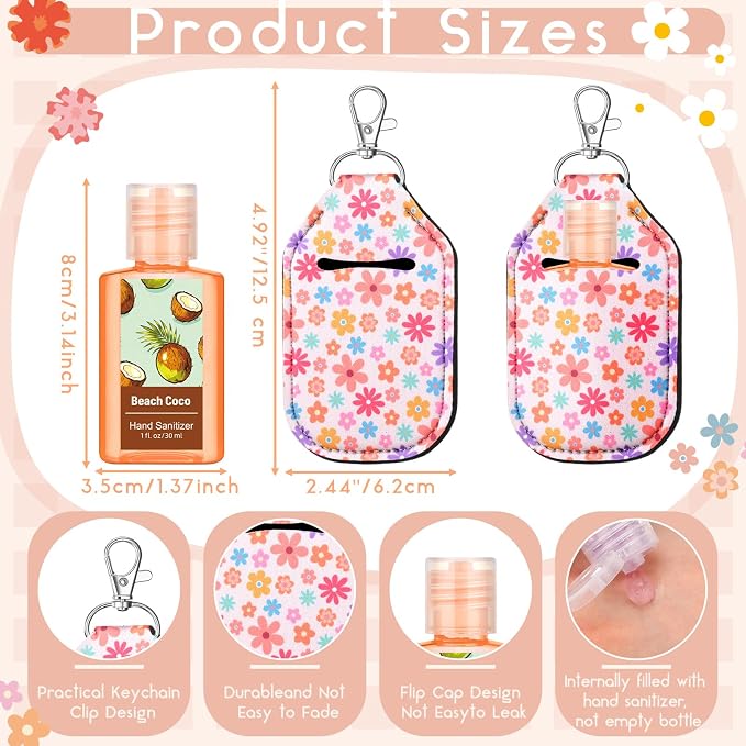 Frienda 48set Floral Hand Sanitizer Gifts Set 24 Pcs Christian Scented Hand Sanitizer and 24 Keychain Holders Gifts Set for Women Summer Vbs Party Favor for Wedding Guest Church Prayer