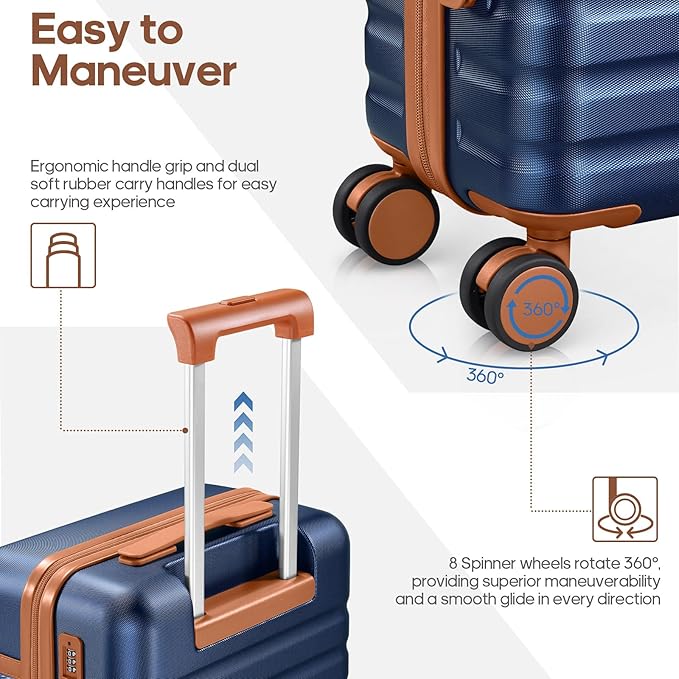 UKEIN Luggage Sets 3 Piece, PC Hardside Large Luggage 28 Inch With Spinner Wheels with TSA Lock, Checked Suitcase Set With Travel Backpack for Men (Blue, 3 piece set (28inch))