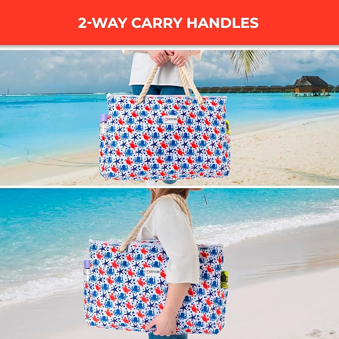 Beach Bag and Pool Bag Has Cooler Pocket, 7 Pockets Total, Zip Top. Family Size Waterproof Beach Tote