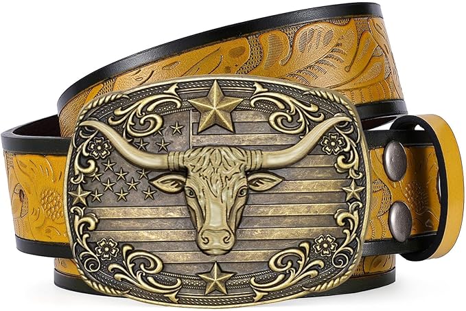 SANSTHS Western Cowboy Belts for Men Women, Mens Western Belt Bull Buckle Country Belt Cowboy Leather Belt for Jeans