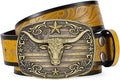 SANSTHS Western Cowboy Belts for Men Women, Mens Western Belt Bull Buckle Country Belt Cowboy Leather Belt for Jeans