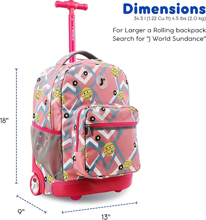 J World Sunrise Kids Rolling Backpack for Girls Boys. Roller Bookbag With Wheels For School, Basketbally