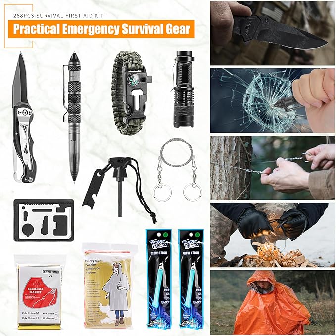 Survival First Aid Kit, Molle Medical Pouch 288PCS Outdoor Emergency Survival Gear and Equipment for Hiking Camping Hunting Car Boat Home Travel and Adventures, Gift for Him Men (RED)