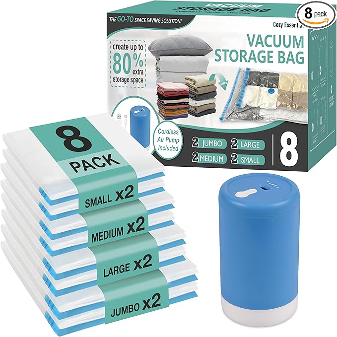 Cozy Essential Travel Vacuum Storage Bags with Rechargeable Cordless USB Pump, Space Saver Bags for Luggage, Suitcase, Carry-On, for Clothes, Blankets, Bedding & Seasonal Storage,8 Combo