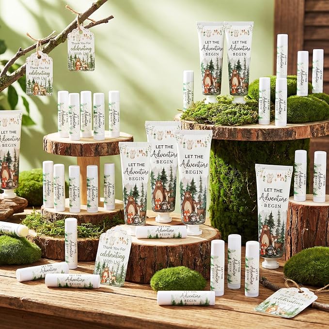 Lounsweer 24 Sets Woodland Baby Shower Hand Cream and Lip Balm Gift Woodland Animals Baby Shower Party Favors for Guest Forest Animals Wilderness Theme Travel Size Hand Lotion Birthday Party Supplies